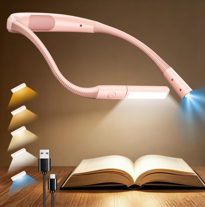 Rechargeable Neck Reading Light, 18 LEDs, 5 Colors & 5 Brightness Levels, Hands-Free - Pink