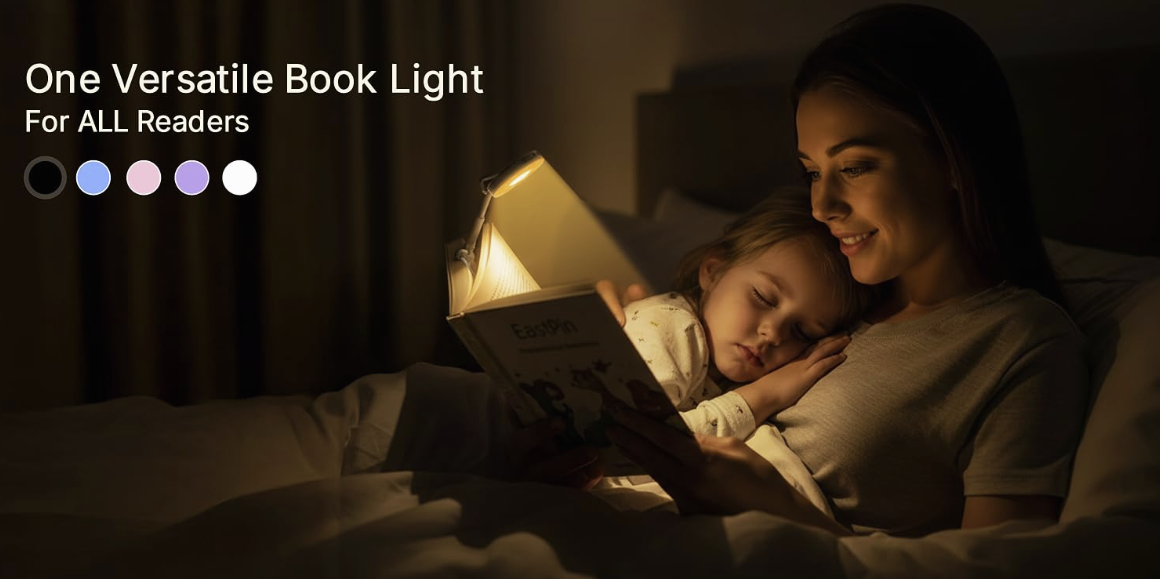 Rechargeable Clip-On Book Light for Reading in Bed, 3 Colors, Dimmable, Auto-Off Timer