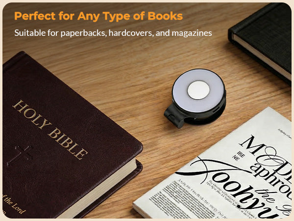 Clip-on book light suitable for paperbacks, hardcovers and magazines