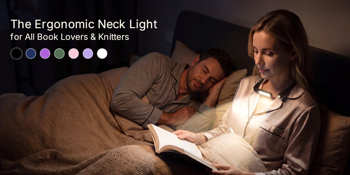 Woman reading in bed with a neck reading light