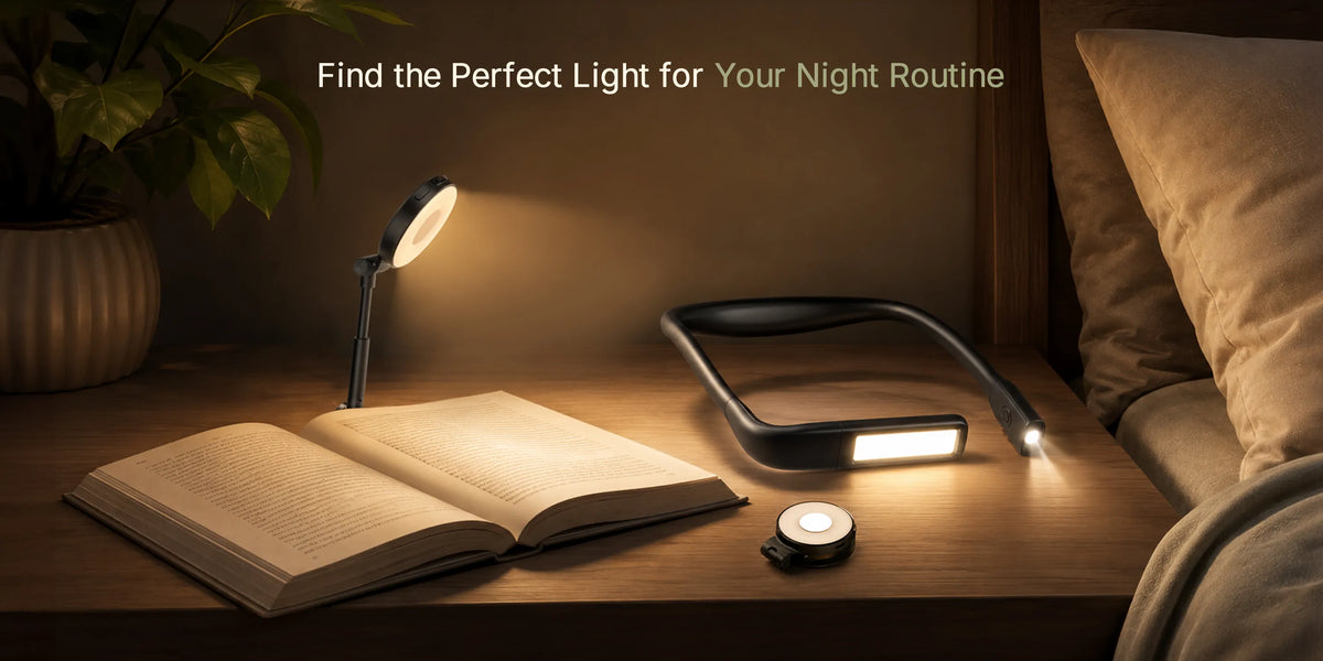Neck reading light and clip-on book light on a bedside table at night