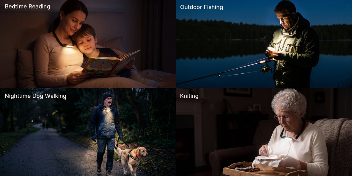 Neck light uses: bedtime reading, fishing, dog walking, knitting